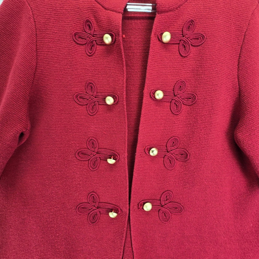 Chicos Red Knit Cardigan Jacket Gold Button‎ Embellished Sz 1 - Picture 5 of 16